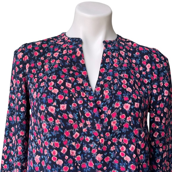 J. Crew Open V-Neck Top Dotted Floral Small Blue Pink Crepe Long Sleeve, Sz XS - Picture 11 of 13